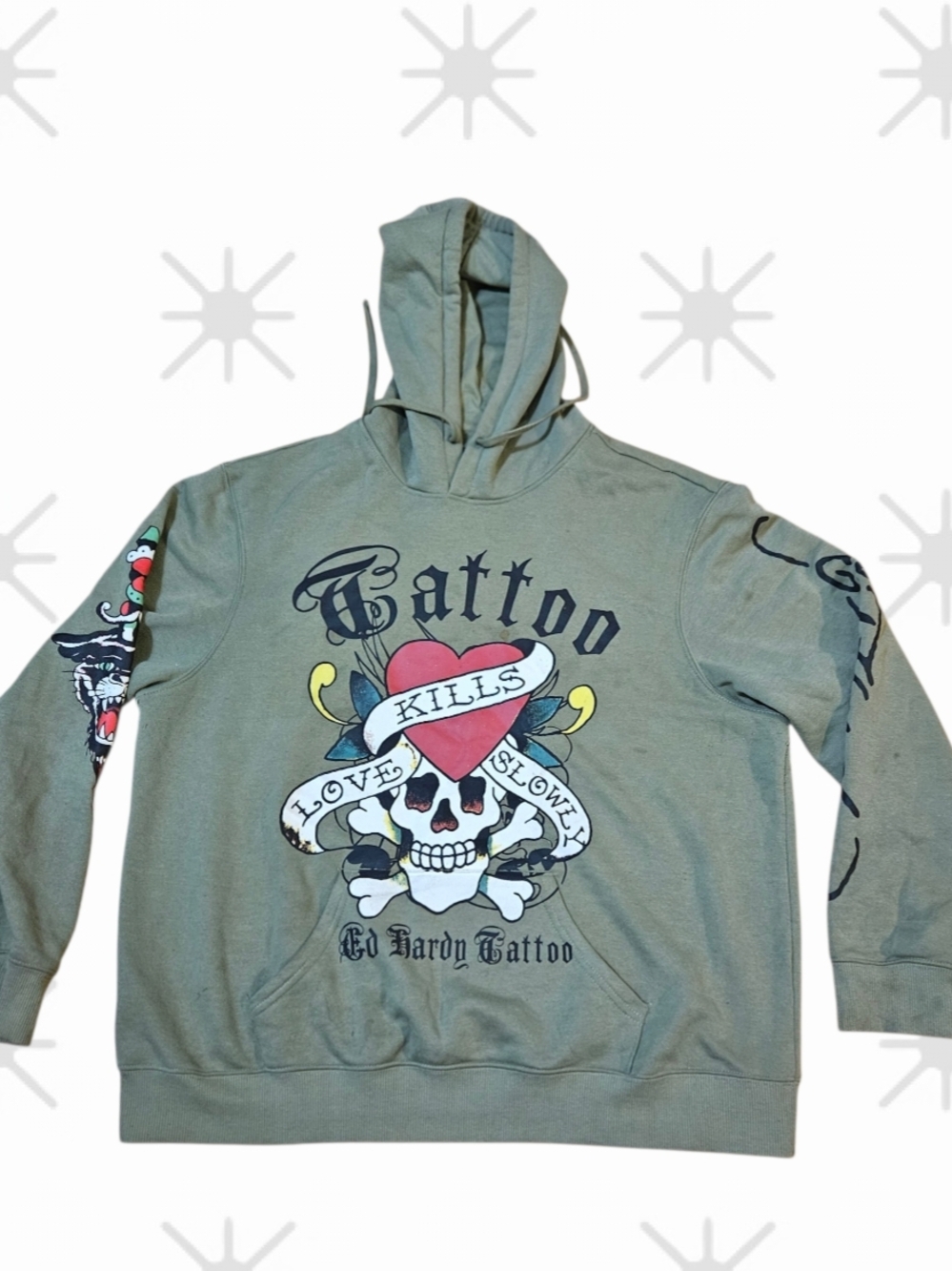 Vintage Ed Hardy Hoodie XL Olive Green Love Kills Slowly Tattoo Graphic Y2K